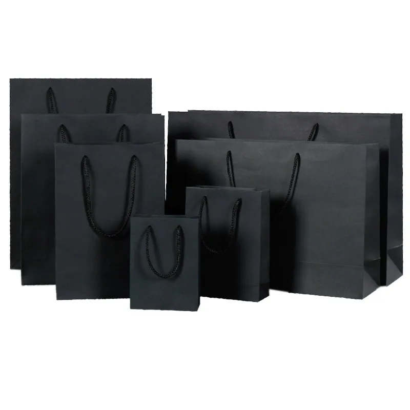 10 tailles de sac en papier de couleur noire sac cadeau en papier avec poignée sac à provisions en stock