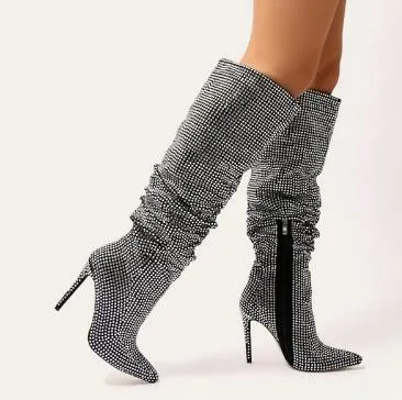 2018 Ny stil kändis stil knä höga stövlar för kvinnor shinning kristall stövlar högklackat booties botas mujer storlek 42