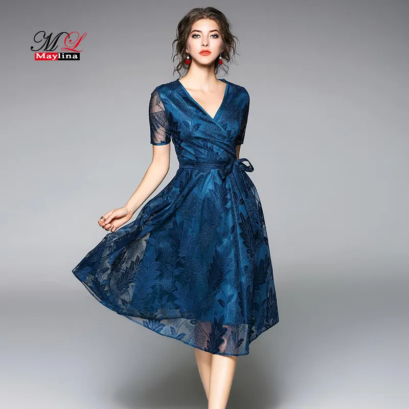 Maylina 2018 새로운 여름 드레스 여성 패션 슬림 V 넥 섹시한 여성 Vestido 레이스 드레스 유럽 스타일 큰 스윙 캐주얼 사무실