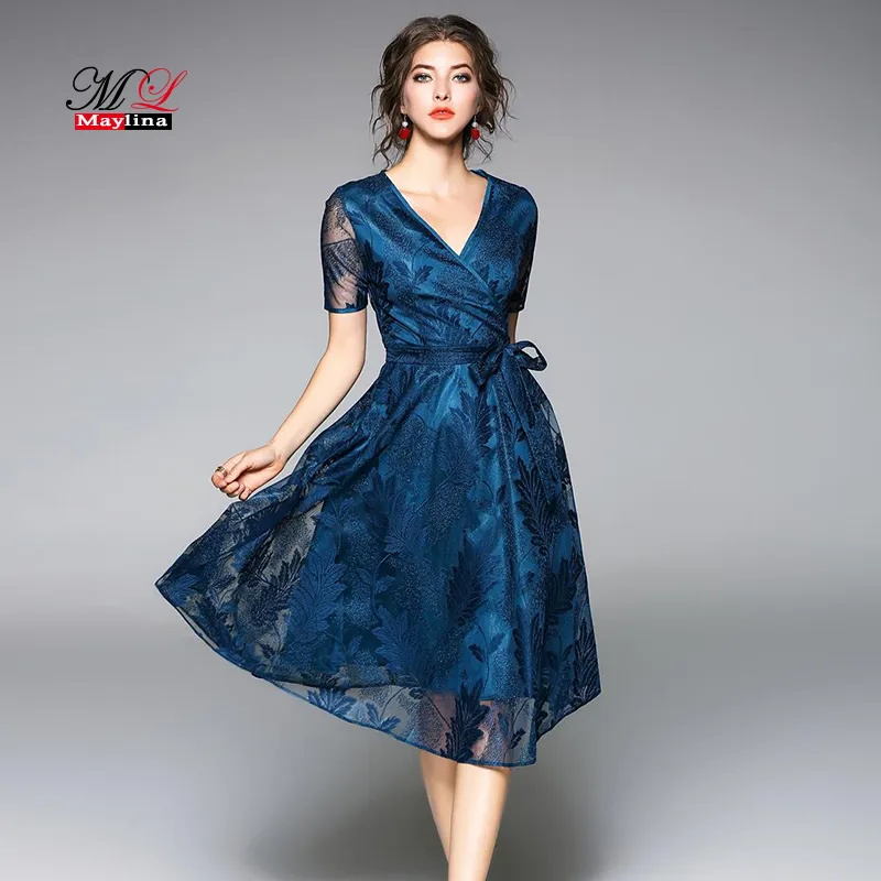 Maylina 2018 Nya Sommarklänningar Kvinnor Mode Slim V-Neck Sexig Kvinna Vestido Lace Dress Europeisk stil Big Swing Casual Office