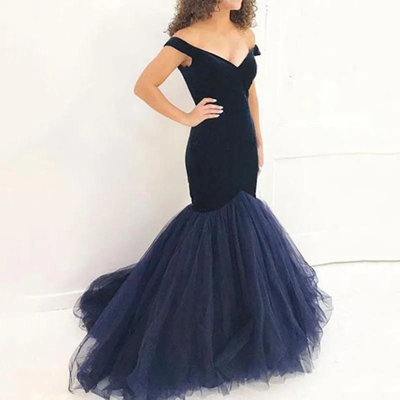 Glamorös marinblå Blå topp sammet Mermaid Prom Klänningar Sexig V-Neck Cap Sleeve Tulle Formell Prom Party Wear Grows Enkel Aftonklänning