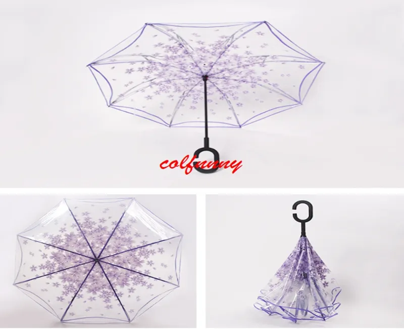 10 pçs / lote Transparente Reversa Guarda-chuva Camada Dupla Cereja Flores Guarda-chuva Invertido Chuva Mulheres C-handle À Prova de Vento F052909