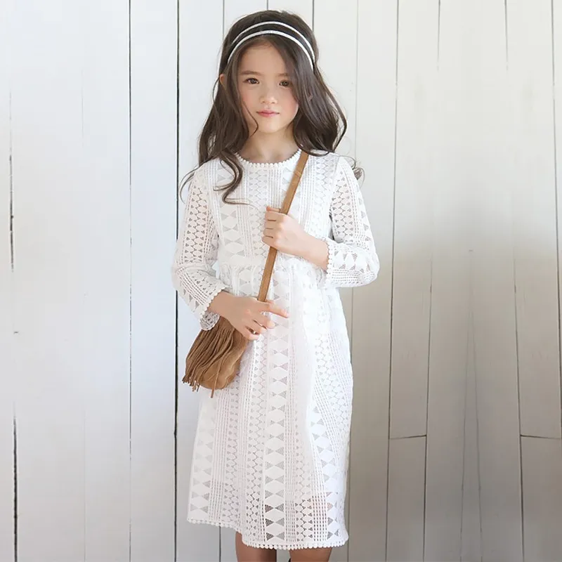 Girls Dresses Spring Summer Autumn White Hollow Out Long Sleeve
