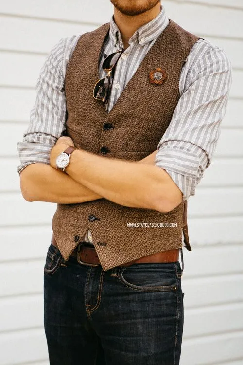 2019 Billiga Groom Västar Farm Bröllop Ull England Style Västar Skräddarsy Slim Fit Mens Suit Vest Prom Bröllop Waistcoat Herringbone Tweed