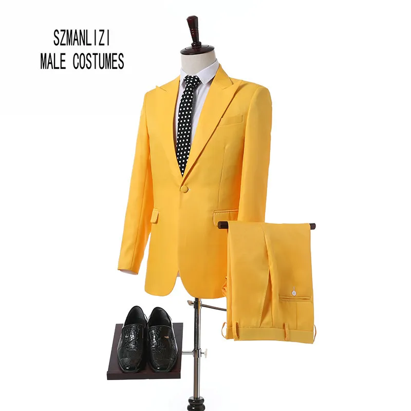 Élégant Marque Hommes Costumes 2018 Custom Made Dernier Manteau Pantalon Conception De Mode Jaune Costume Pour Mariage Marié Meilleur Homme Garçons D'honneur Costume De Bal Smoking