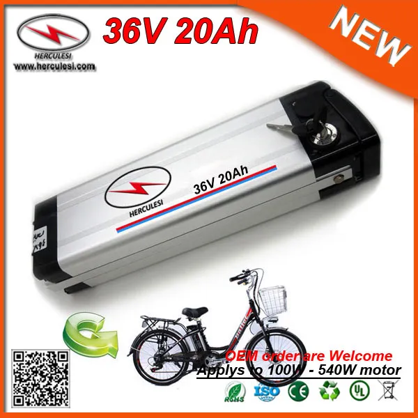 Smart Silver Fish aluminum cased 500W Electric Bike Battery 36V 20Ah used 3.7V 2.5Ah cell 15A BMS + 2A Charger FREE SHIPPING