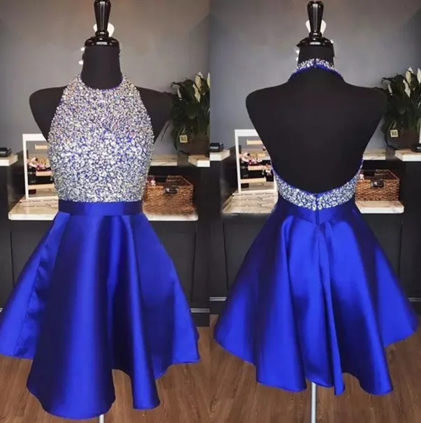 2019 Sparkly Royal Blue Satin Backless Homecoming Dresses Jewel Halter Sequins Crystal Backless Red Short Prom Dresses Party Dresses