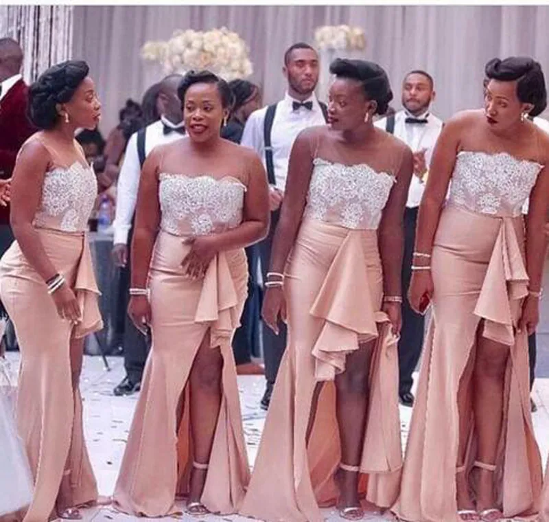 African 2018 White Lace Top Peach Satin Skirt Mermaid Bridesmaid Dresses Long Sheer Neck Ruffle Side Split Maid Of Honor Gowns EN12216