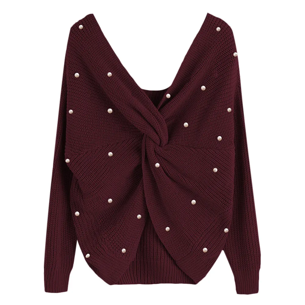 Kobiety Casual V Neck Twisted Sweter Sweet Burgundia Dzianiny Zworki Długie Swetry Pearl Frezowanie Pulower Pull Femme