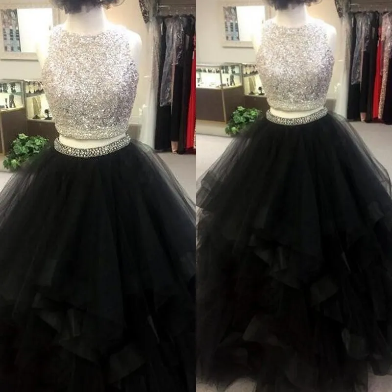 Two Pieces Silver Black Prom Dresses Bateau Neck Sleeveless Sequins Beads Crop Top Ruffles Tulle Floor Length Formal Evening Party Gowns