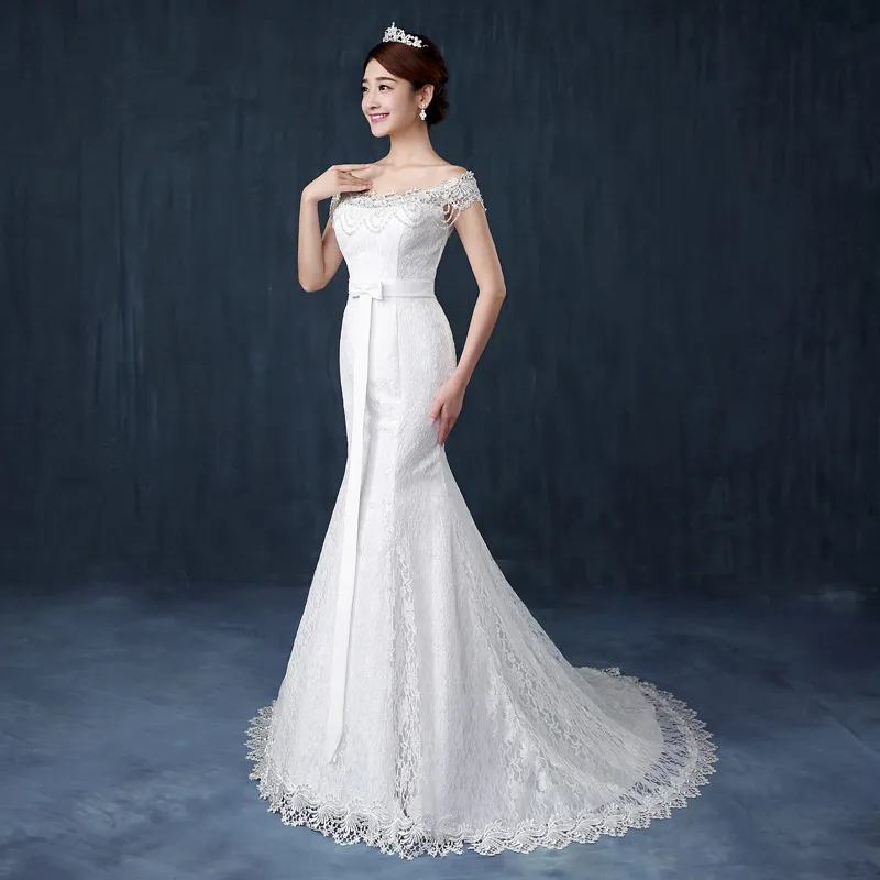 High-grade Mermaid court train 2018 New Design White Lace Princess Bead Wedding Frocks Bridal Ball Gowns Wedding