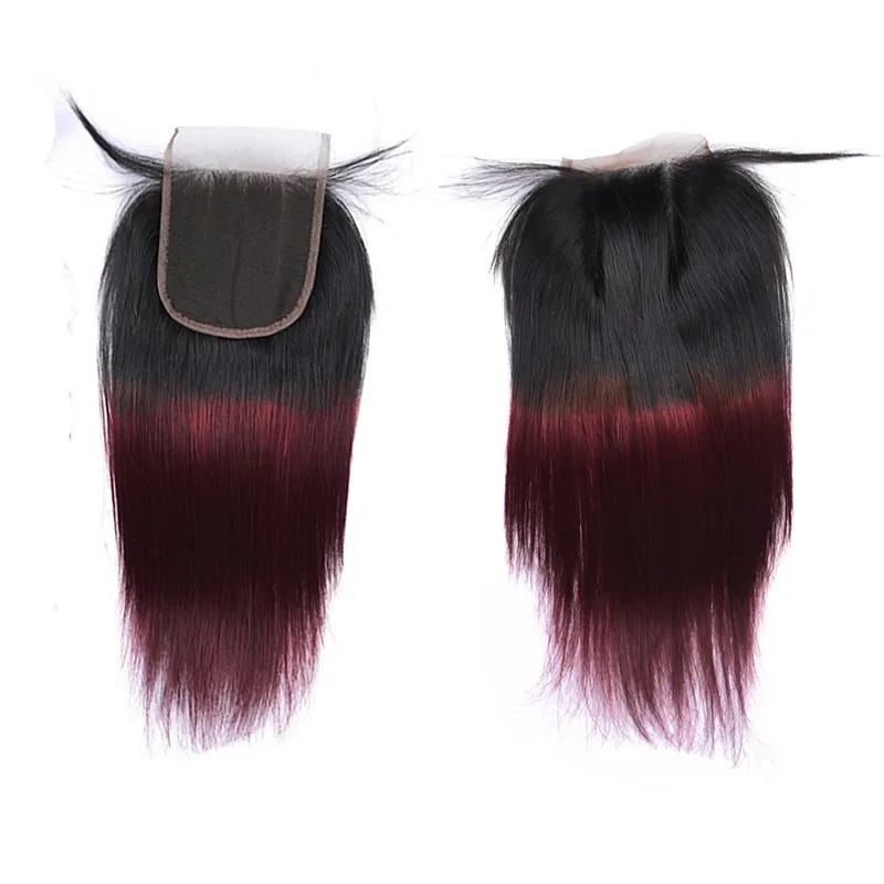 Fasci di capelli umani bordeaux ombre brasiliani con chiusura colorata 1B / 99J estensioni del tessuto dei capelli vergini lisci brasiliani con chiusura in pizzo