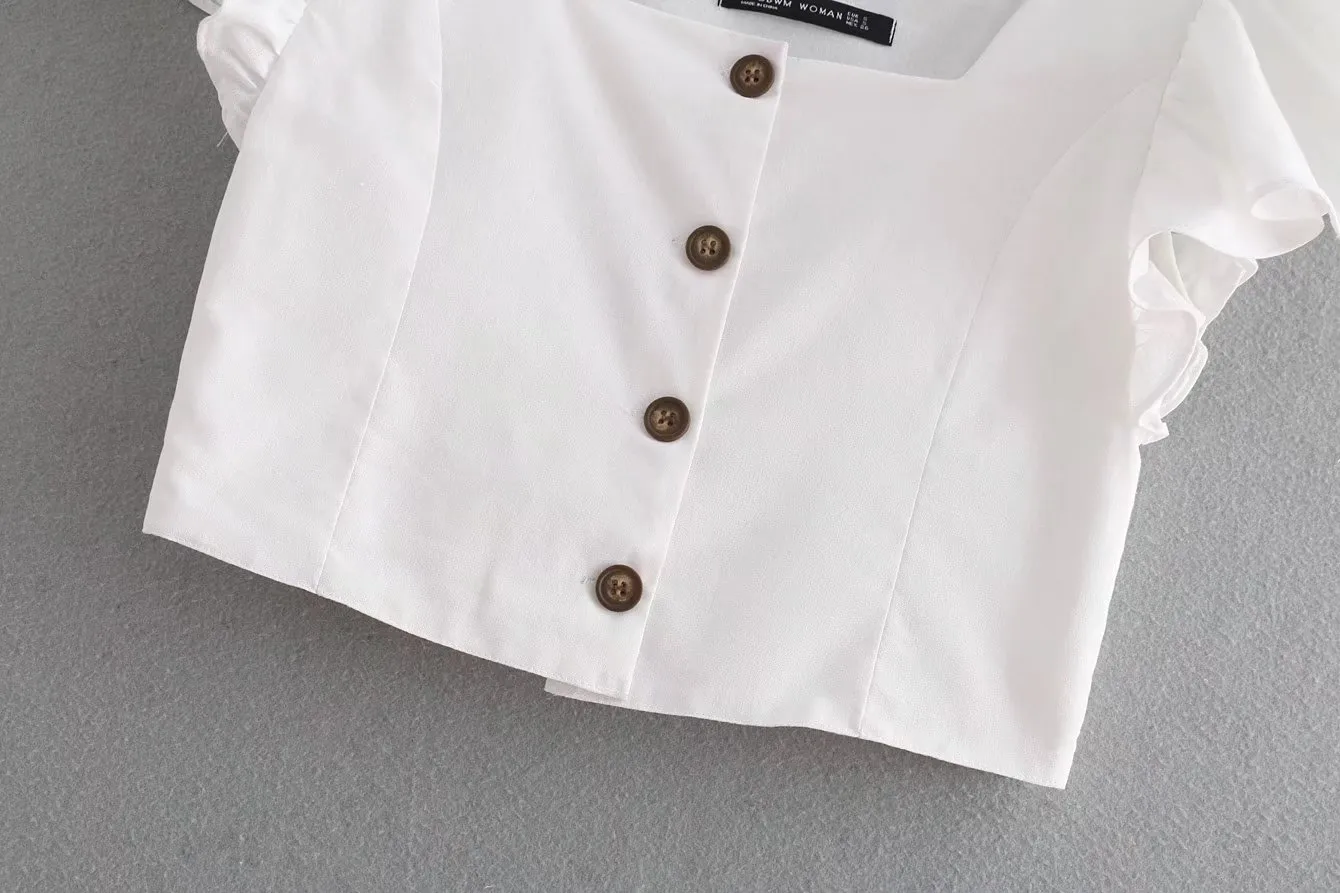 2018 moda Europeia novas Francês estilo real Turísticos babados peito de design das mulheres de manga curta blusa curta de cintura alta parte superior da camisa