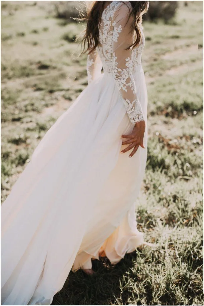 Abiti da sposa a-line gioiello in chiffon country bohemien maniche lunghe trasparenti applicazioni in pizzo abiti da sposa boho economici taglie forti su misura