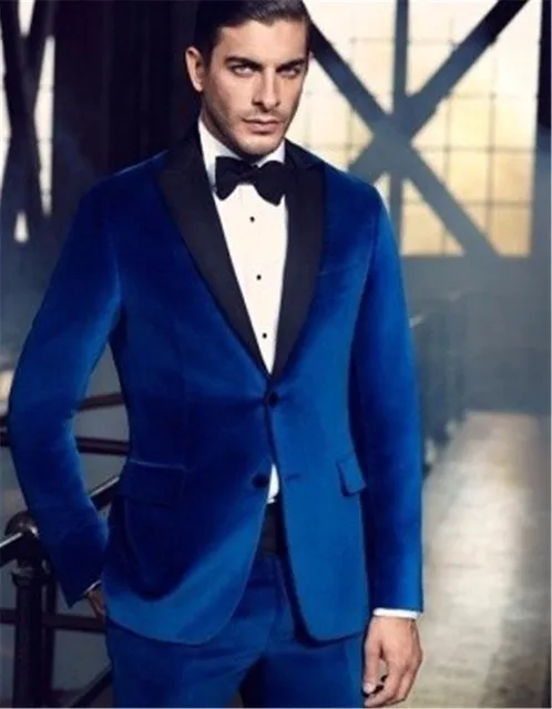 Skräddarsy Blue Velvet Mäns Bröllop Tuxedos Brudgrum Groomsmen Blazer Utmärkt Men Formell Business Party Prom Suit (Jacket + Pants + Bowstie)