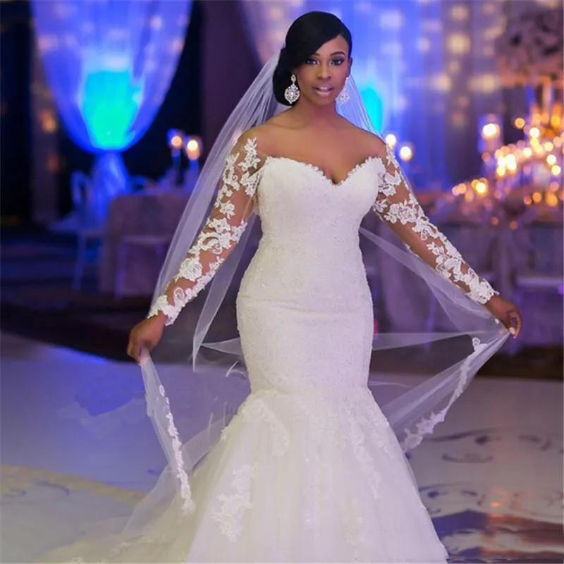 Русалка свадебные платья с плечо с длинными рукавами Аппликации Кружева Плюс Размер Пользовательские Сделанные Свадебные платья Свадебные платья 2018