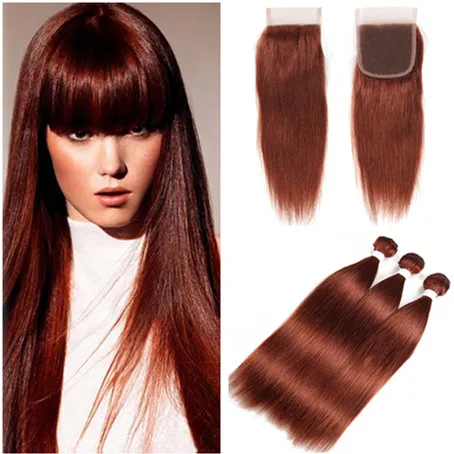 # 33 Koppar rött indiskt jungfru hår vävar väftförlängningar med spetslås 4x4 kroppsvåg mörk auburn 3 buntar handlar om top stängning