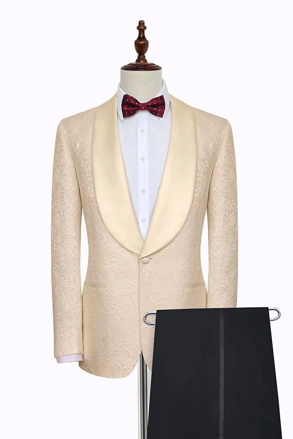 Personalizzato Besigne Champagne Paisley Uomo Smoking da sposa Scialle Risvolto Spacco laterale Smoking dello sposo Uomo Cena / Darty Abito 2 pezzi (Giacca + Pantaloni + Cravatta) 62