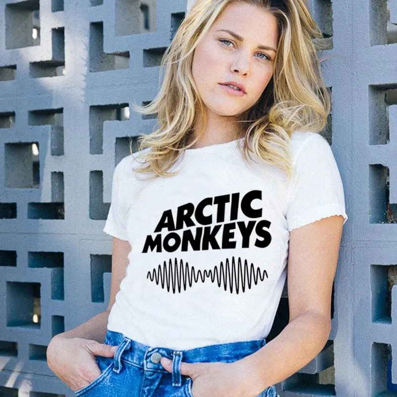 Арктические обезьяны Белый футболка женщины 2018 Лето топы с коротким рукавом О-образным вырезом футболка женский панк-рок Письмо печати футболка Femme