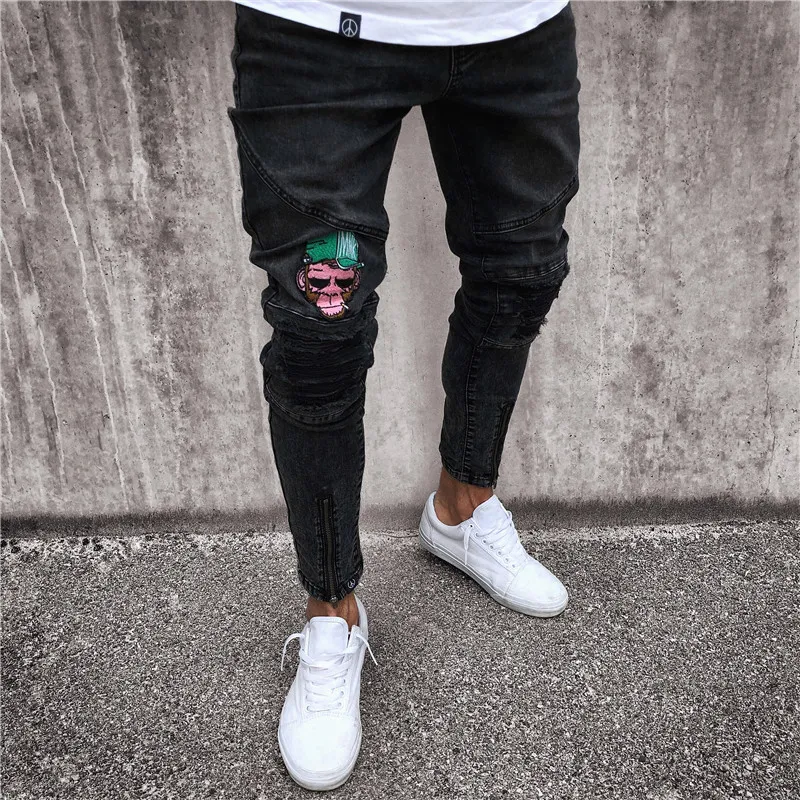 Nya Mode Män Jeans Slim Biker Zipper Denim Jeans Skinny Frayed Casual Pants Homme Byxor Man Jean Drop Shipping