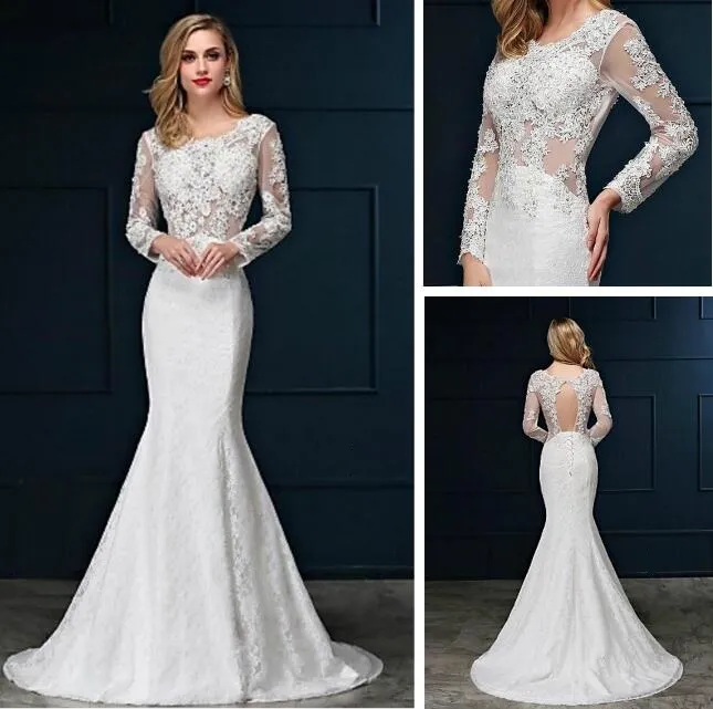 Vintage Summer Bridal Gowns Scoop Neck Sweep Train Lace Wedding Dress with Appliques by Embroidered Full Lace Mermaid Wedding Dresses