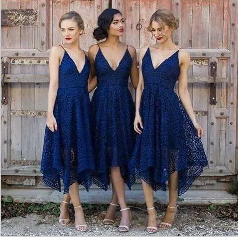 Lace V Neck Short Navy Blue Bridesmaid Dresses Sexy Straps African Nigerian Lace Dress
