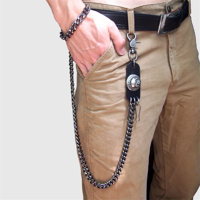 Mens Black Gun Extra Long Wallet Chains Thick Metal Cuban Curb Links KeyChain Black Leather Skull Jeans Chunky Biker Chain -70cm