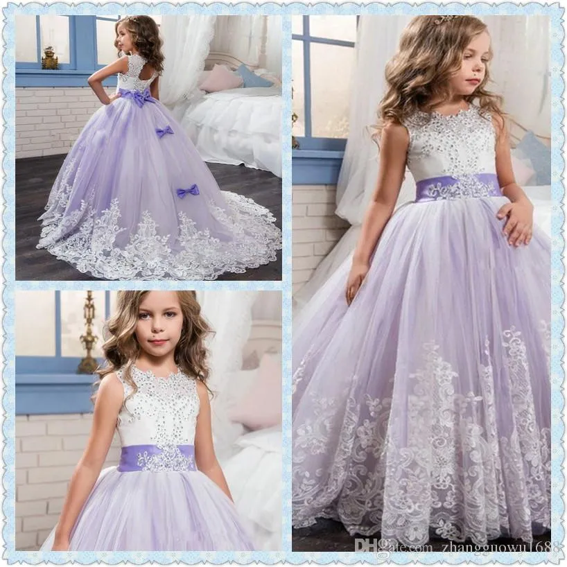 Vestidos de flor de flor para casamentos blush feitos sob encomenda feitos princesa tutu lantejoulas appliqued laço laço crianças primeiras vestidos de comunhão