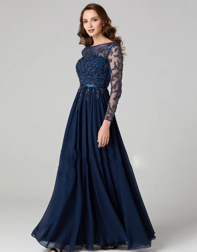 海軍の青いビーズの花嫁のドレスの母親のエレガントな長袖背中のない結婚式のゲストドレス床の長さのフォーマルなイブニングガウン