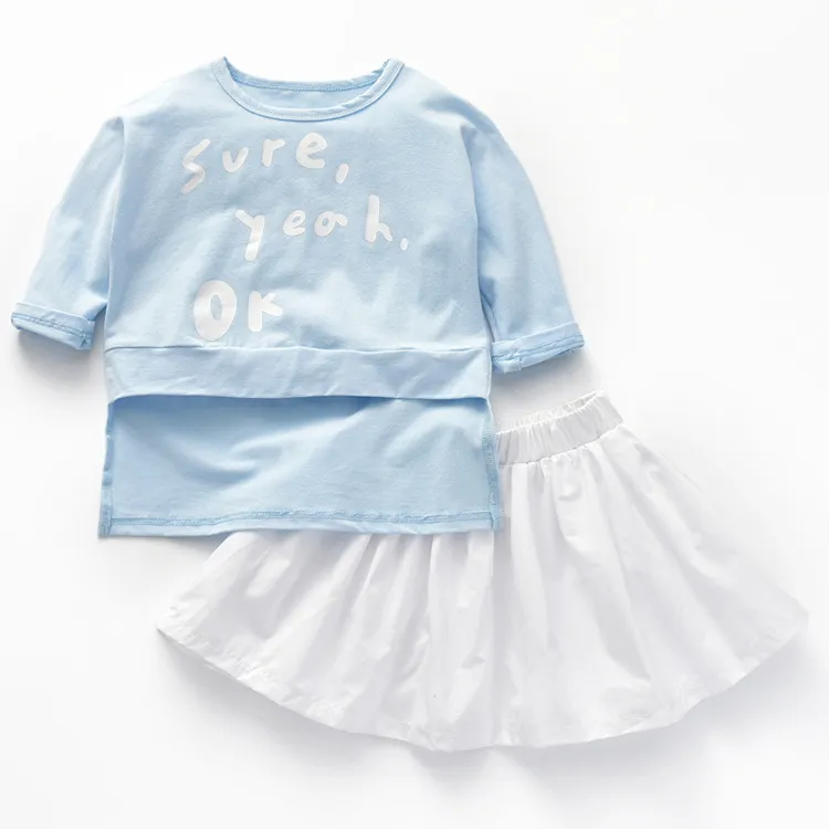 Kinderkleding lente en herfst meisje blauwe ronde kraag Lange mouwen T-shirt en witte korte rok pak twee stukken