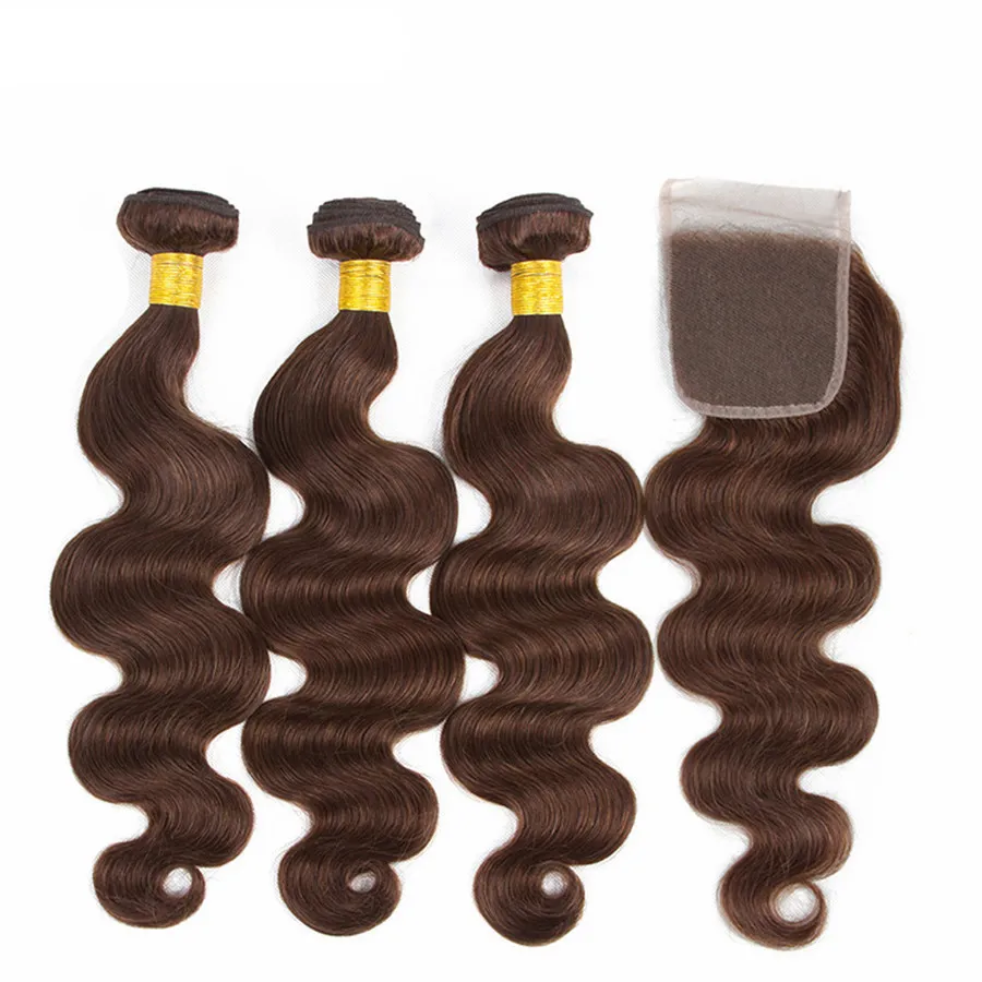 Livre Parte Lace Encerramento com cabelo de Brown Pacotes Color # 4 Chocolate Medium Brown onda do corpo do cabelo humano tece Com 4 * 4 Top Encerramento