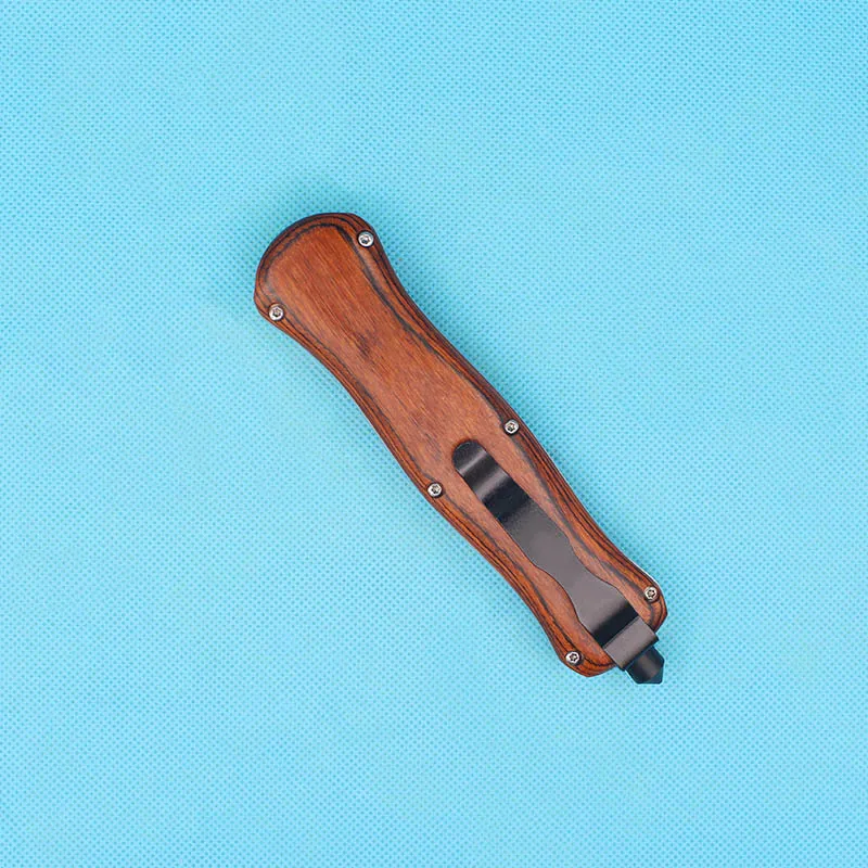 Borboleta A016 auto faca tática 440C borda dupla lâmina fina marrom punho de madeira ao ar livre facas de bolso com nylon