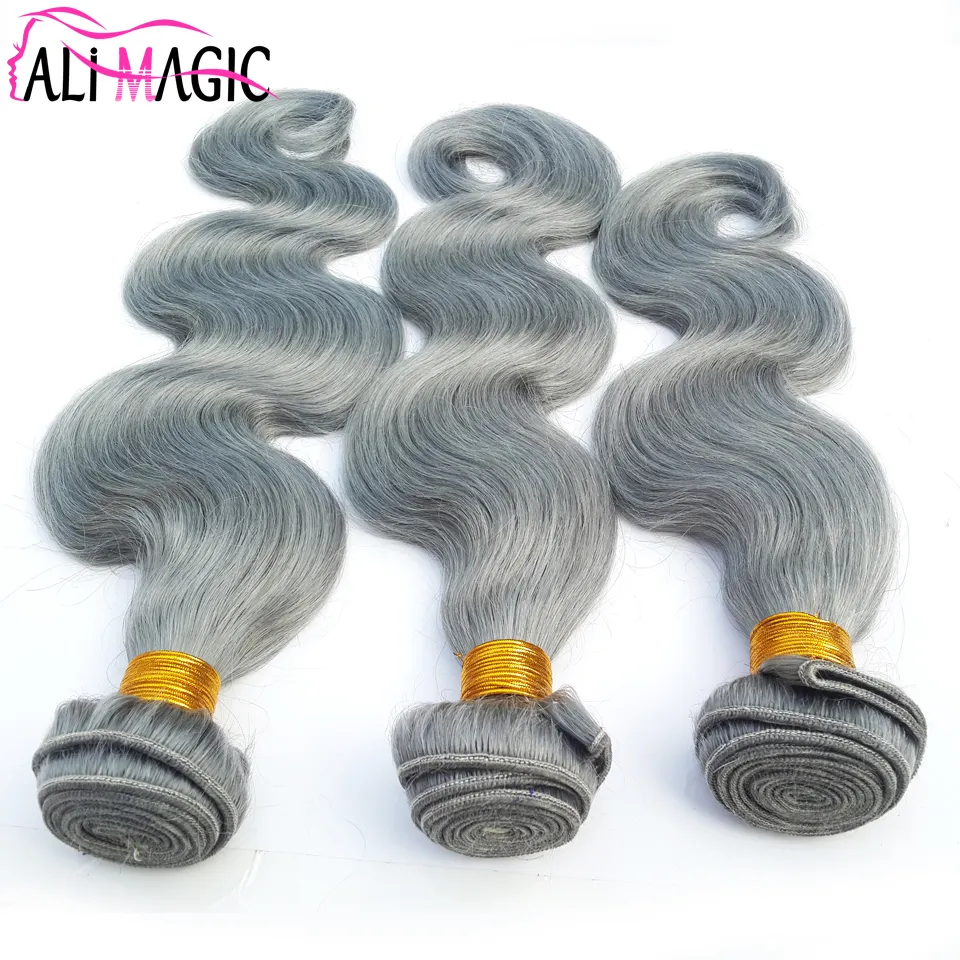 Cheveux humains tisse des extensions de cheveux humains gris vague de corps grade 8A 3 paquets 100G Extensions de cheveux gris en gros AliMagic prix d'usine pas cher