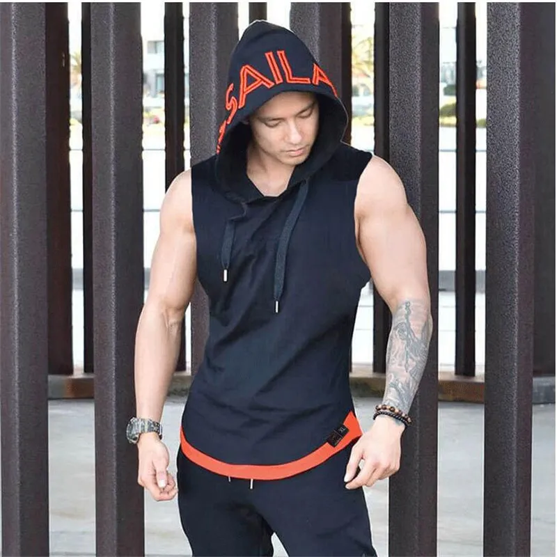 Groothandel- Merk Bodybuilding Stringer Tanktops Hoodies Sportkleding Tanktops Fitness Heren sportscholen Kleding zonder mouwen met capuchon