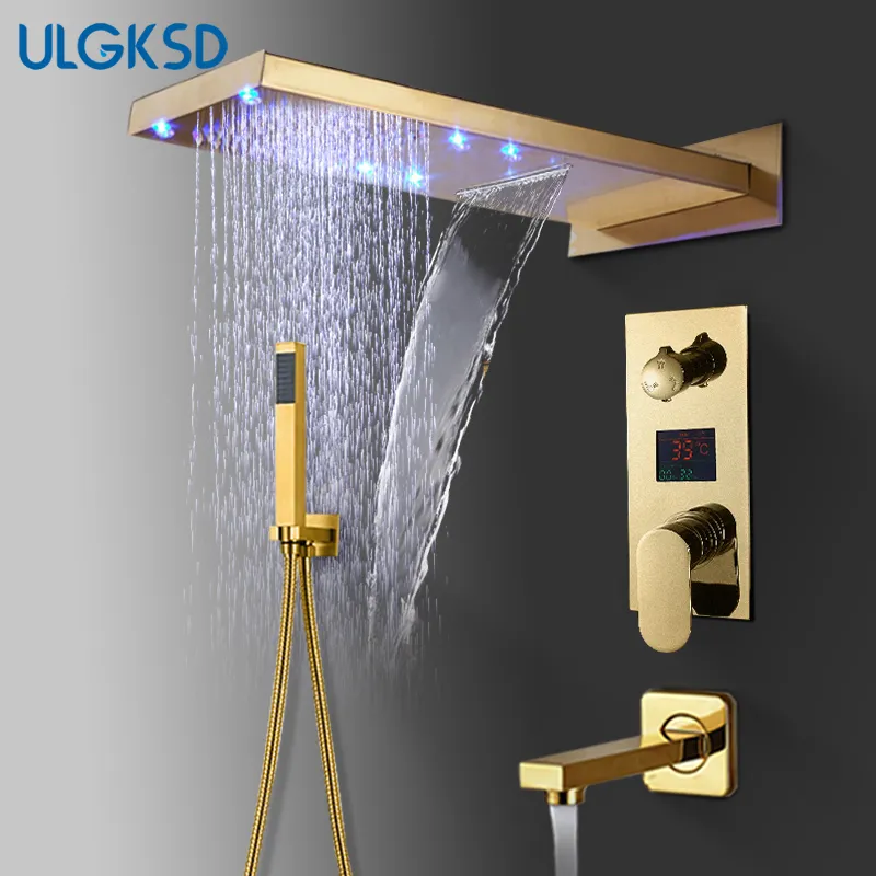 ULGKSD Badezimmer-Duscharmatur, LED, goldenes Messing, Wasserfall, Regenduschkopf, Wandhalterung und Kaltwasser-Mischbatterie2551