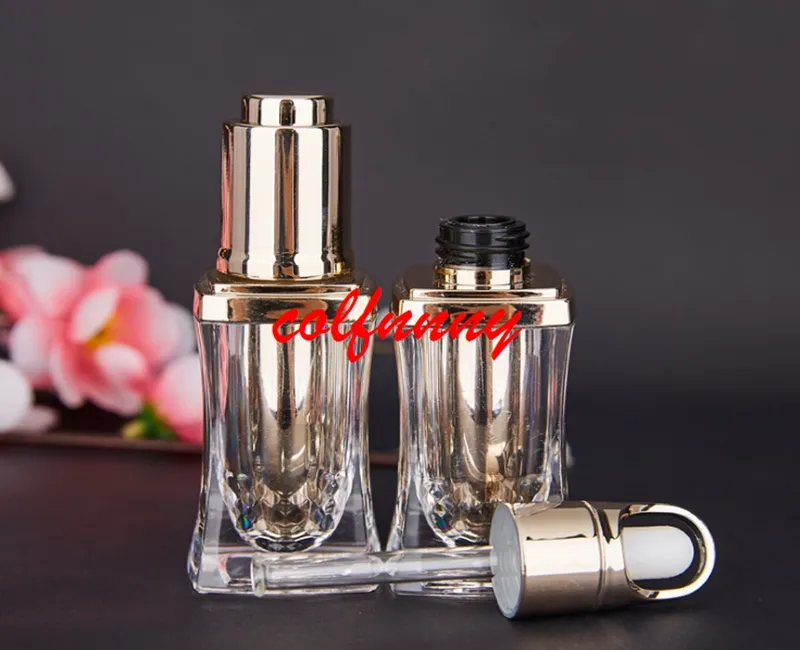 50 stks / partij Snelle verzending 10 ml hoogwaardige acryl gouden parfum / essentiële olie / cosmetica glazen verpakking fles cosmetische containers aangepast