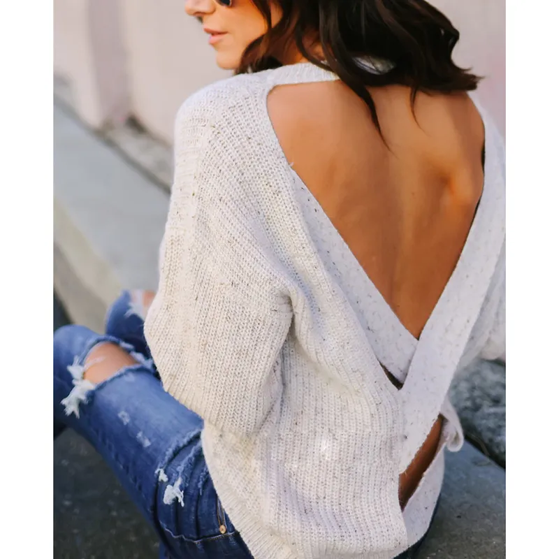 Herfst winter kruis top backless gebreide trui truien 2018 vrouwen knitwear losse jumpers trui pull femme ws8856t