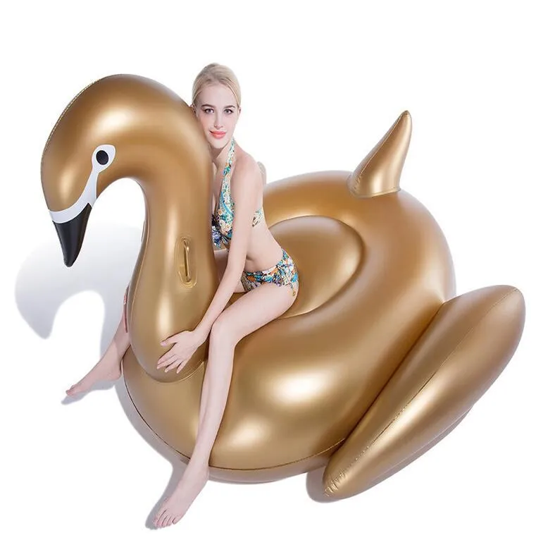 190cm Guld Swan Swimming Float Nya Giant Swan Flamingo Uppblåsbara Floats Swimming Ring Raft Floating Water Leksaker Vuxen Luftmadrass