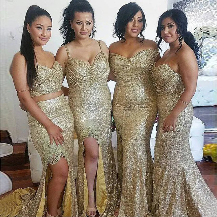 2021 Bling Pailletten nicht übereinstimmende lange Hochzeitsgast Brautjungfernkleider Schatz Gold Pailletten Sexy Side Splite Partykleider