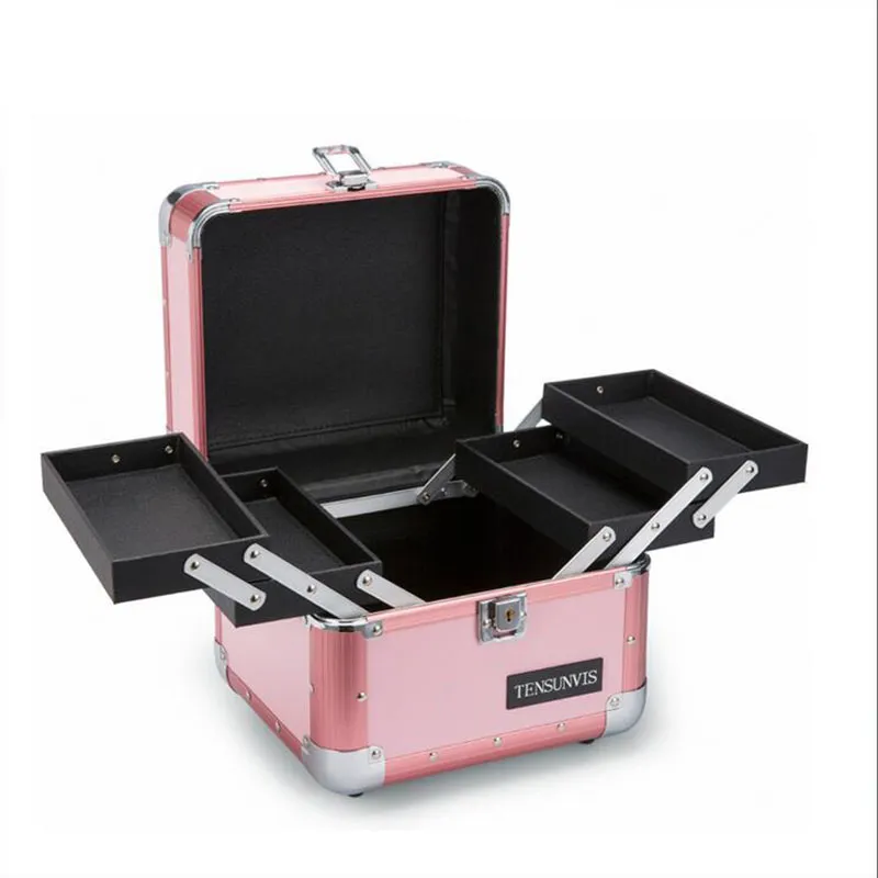 Makeup Cosmetic Organizer Train Case 10 "Scatola portaoggetti professionale in alluminio Blush Pink Stripe con serratura e maniglie