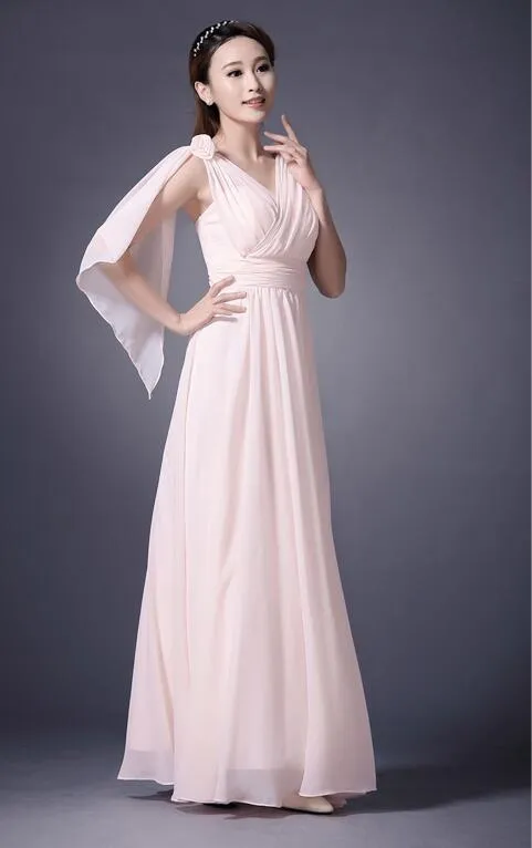 安く長いVネックの形式の完全な長さの控えめなシフォンビーチのイブニングブライドメイドのドレス