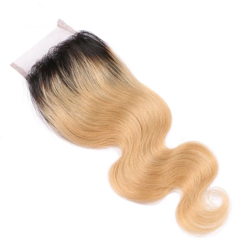 Dark Root Honey Blonde Ombre Virgin Peruvian Human Hair Bundles Deals with Closure Body Wave 1B27 Light Brown Ombre Human Hair We5359582