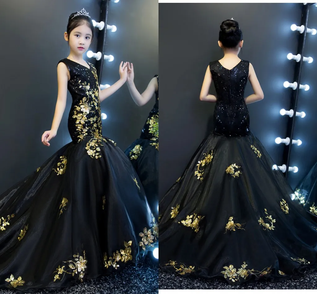 Abiti da spettacolo per ragazze a sirena oro e nero 2022 scollo a V con retro a V in tulle con paillettes abito da festa per bambini abiti per occasioni speciali bambini ragazza di fiori