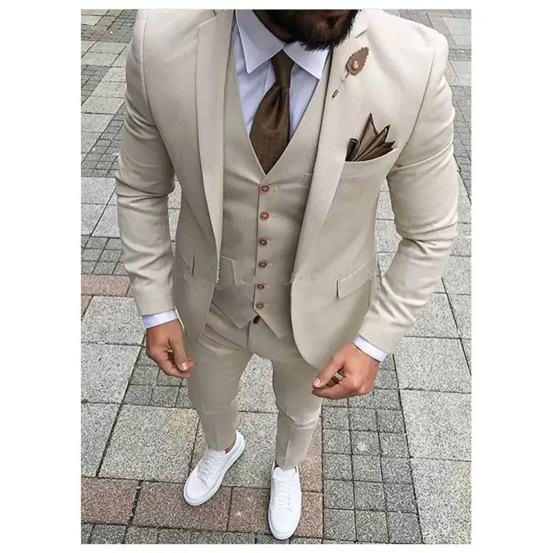 2019 Senaste Coat Pant Designs Beige Män Passar Prom Tuxedo Slim Fit 3 Piece Groom Bröllopskläder för män Custom Blazer Terno Masuclino