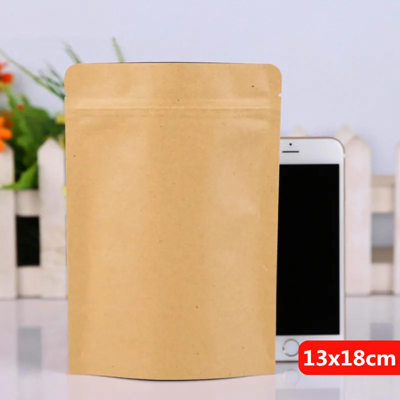 13x18cm Stativ Kraft Paper Aluminium Folie Laminering Återanvändbar Mat Förpackning Bag Bakning Snacks Candy Tea Heat Seal Zip Lock Grip Förpackning påse