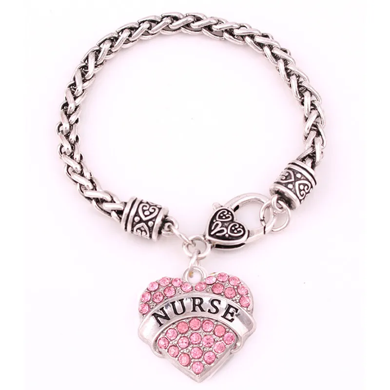 Popular In 2018 Heart Bracelet For Women NURSE Written With Beautiful Crystals And Wheat Link Chain Zinc Alloy Dropshipping