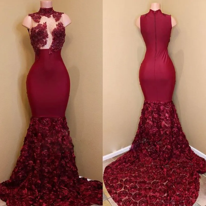 Burgundia wysoka szyja Prom Dresses Zobacz przez koronkowe aplikacje cekiny zamek błyskawiczny z powrotem 2K18 Prom Dress Gloamorours 3D Rose Train Celebrity Party Dress