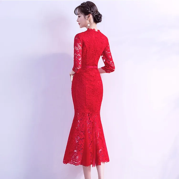 Ny ankomst 2020 svart röd grön billig spets kinesisk cheongsams med halv ärmar sash sjöjungfru fest prom klänningar skräddarsydda