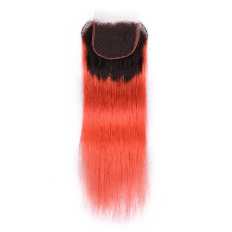 Bundles malaisiens d'armure de cheveux humains orange ombré avec fermeture supérieure droite # 1B / Orange Ombre 3 offres de paquet avec pièce de fermeture en dentelle 4x4