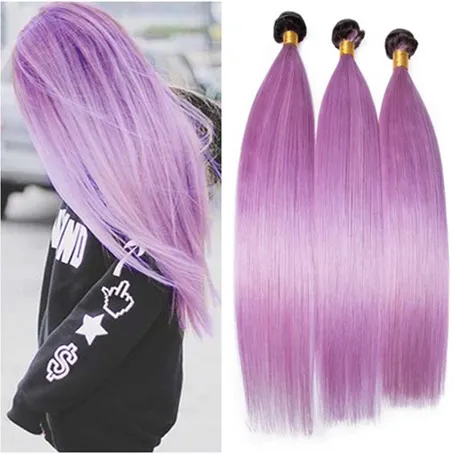 Silky Straight # 1B / Purple Ombre Peruvian Human Hair Weave Extensions Radice scura Ombre viola chiaro Fasci di capelli vergini Offerte 3 pezzi / lotto